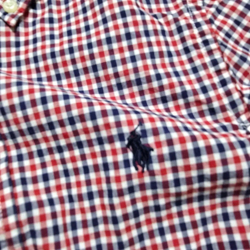 Ralph Lauren Button Down Shirt Kids small (8) Red White Blue Gingham Check Pony